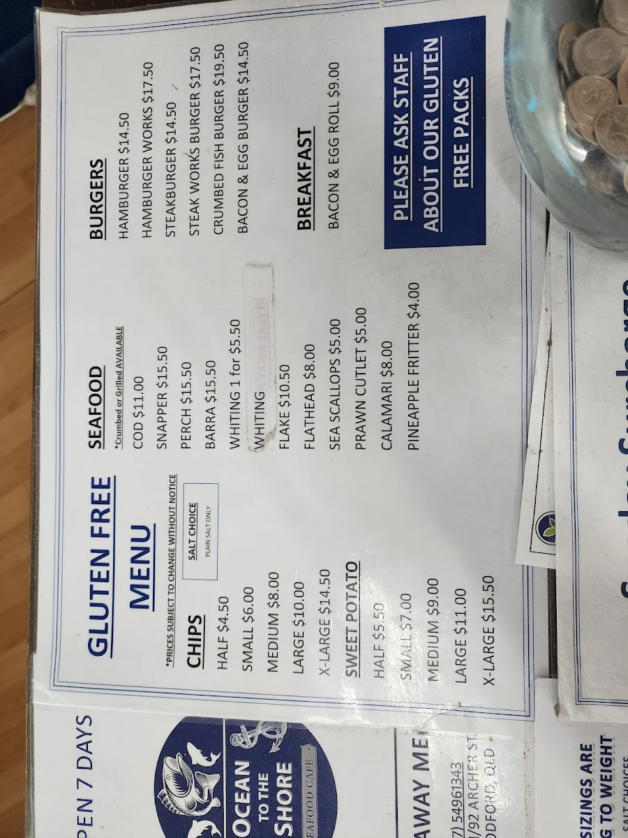 Menu, OCEAN TO THE SHORE - Seafood Cafe