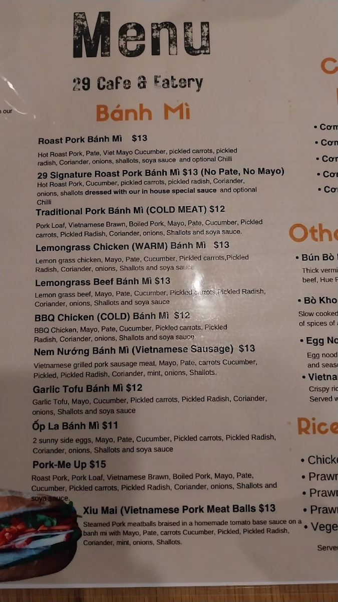 Menu, 29 Cafe & Eatery
