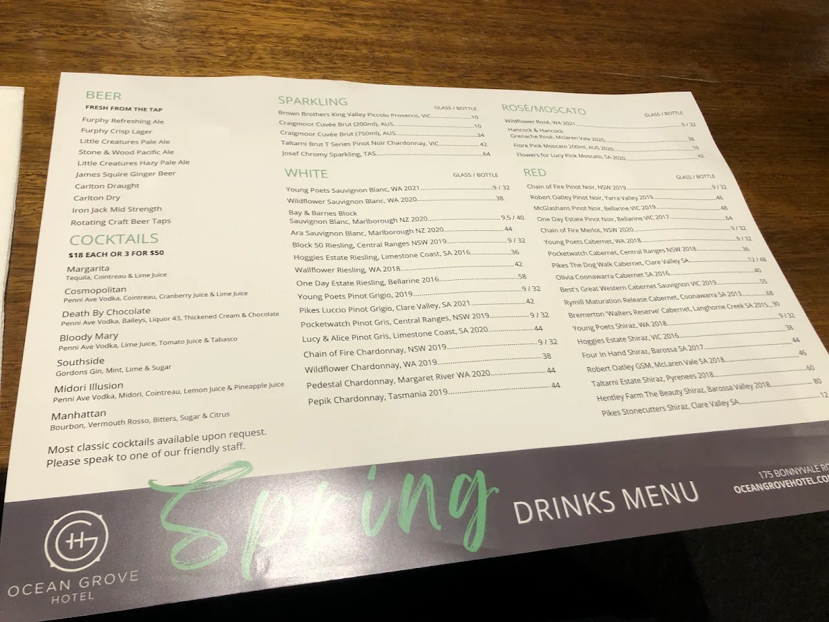Menu, Ocean Grove Hotel