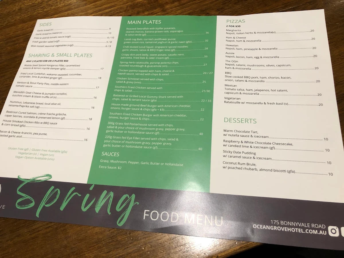Menu, Ocean Grove Hotel