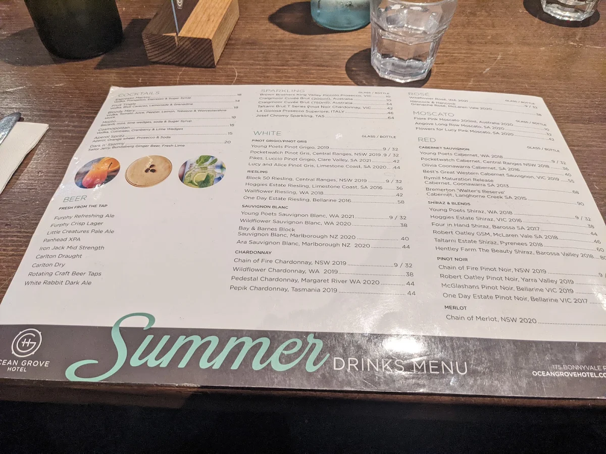 Menu, Ocean Grove Hotel