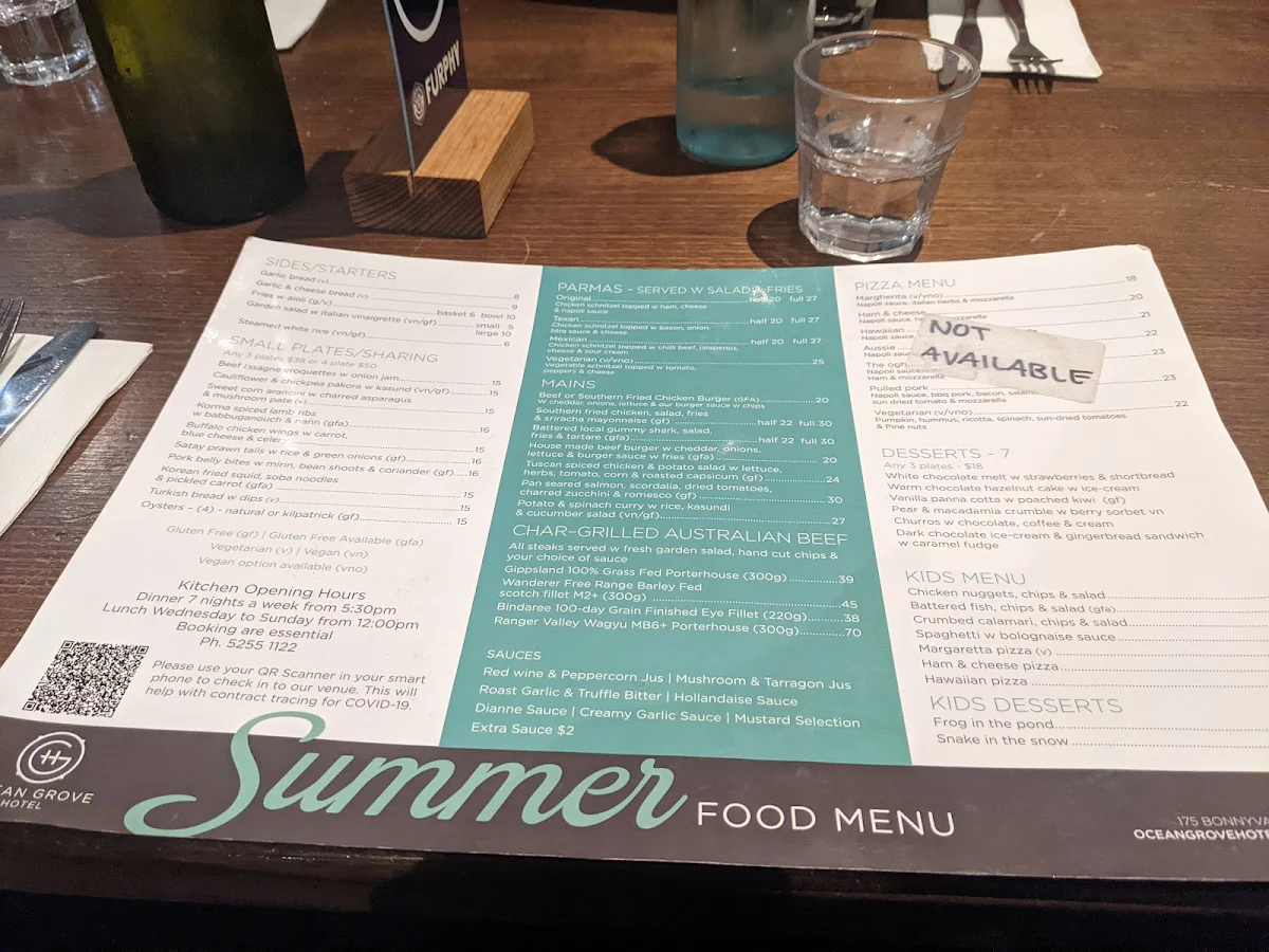 Menu, Ocean Grove Hotel