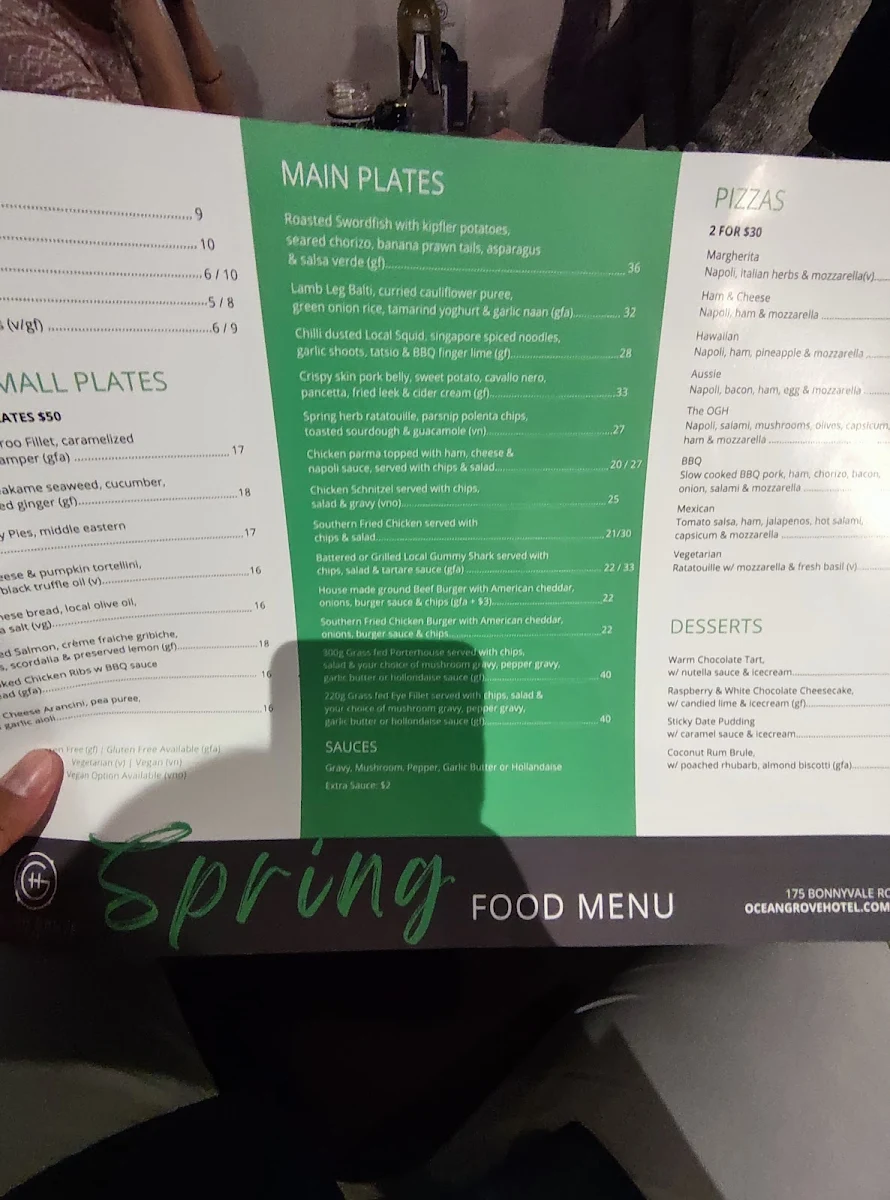 Menu, Ocean Grove Hotel