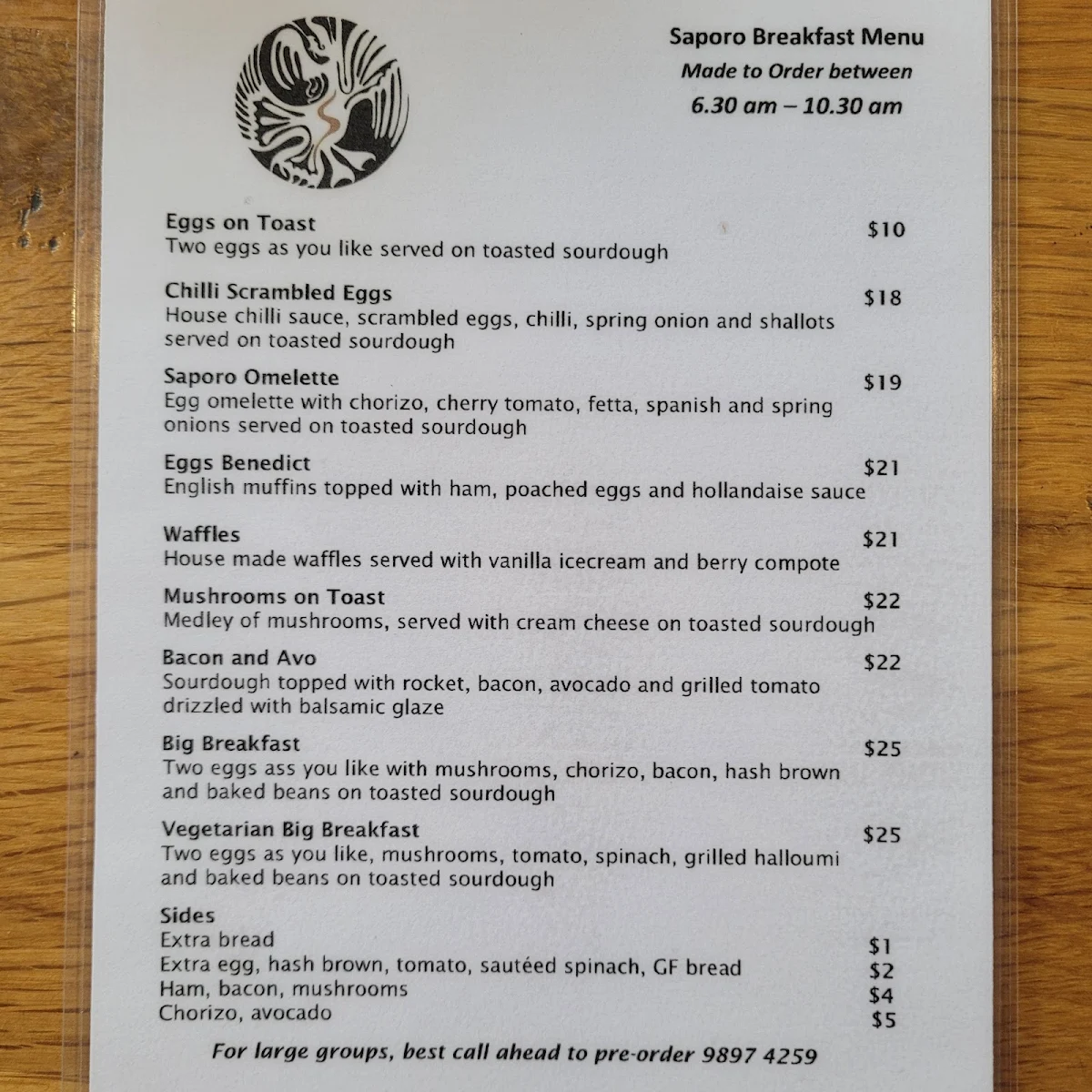 Menu, Saporo Cafe Box Hill