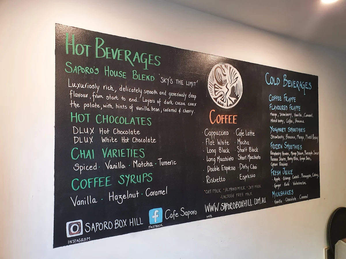 Menu, Saporo Cafe Box Hill