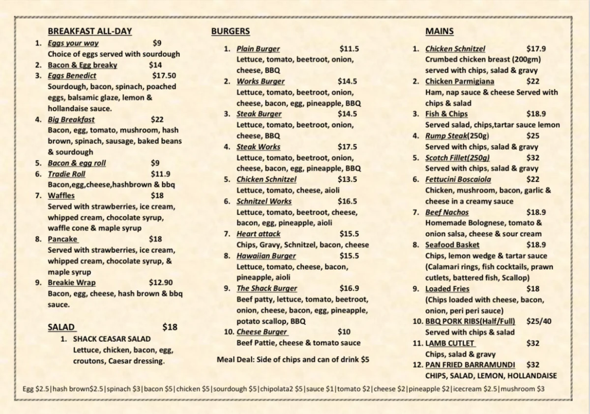Menu, The Corner Shack