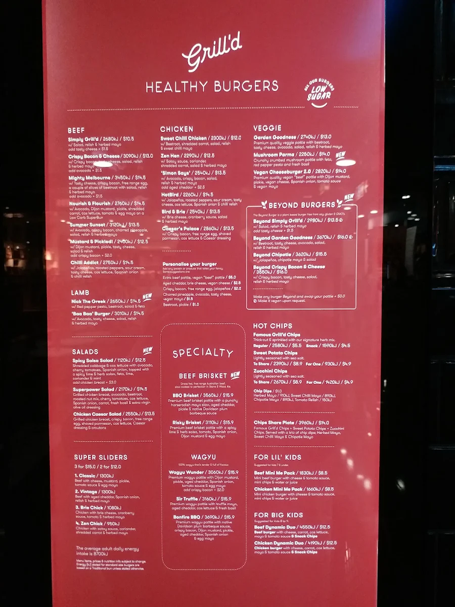 Menu, Grill'd Burgers - Southland