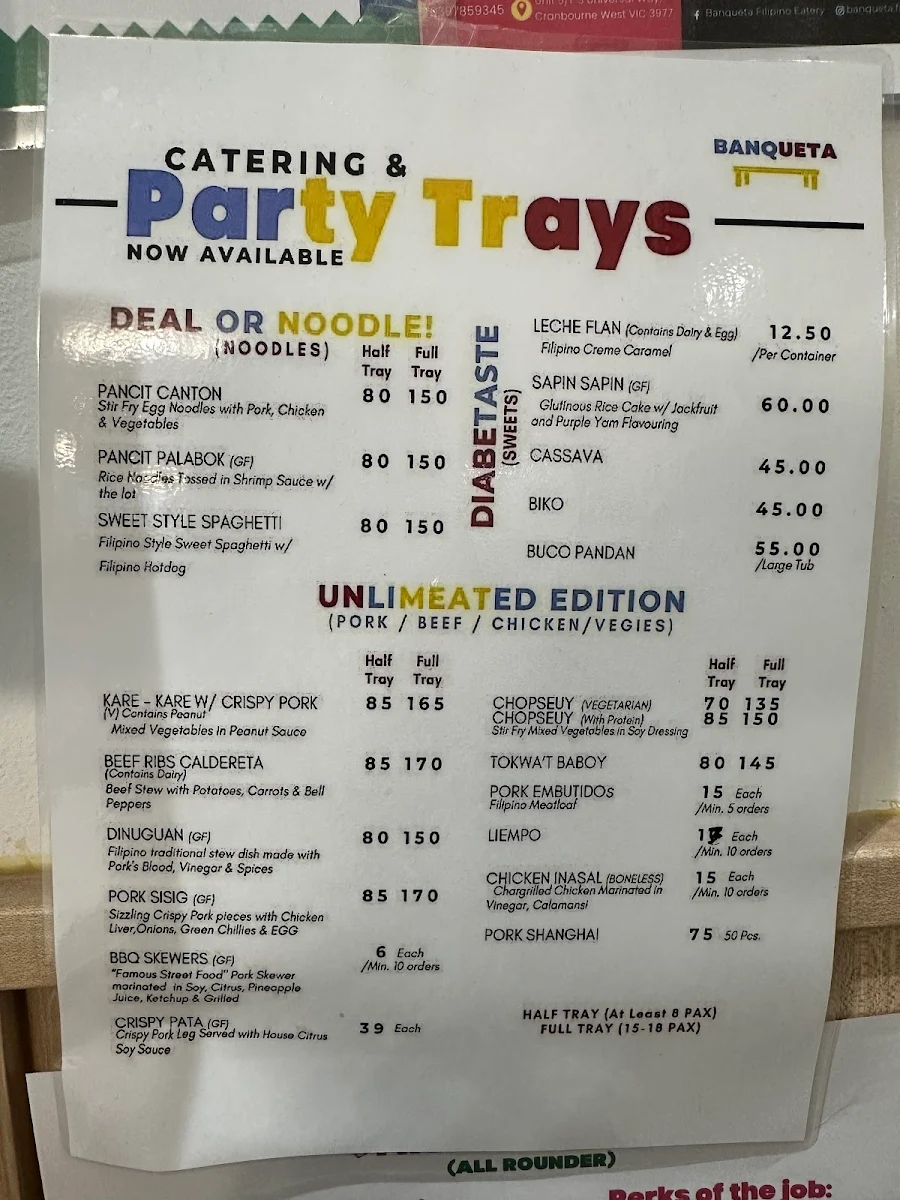 Menu, Banqueta