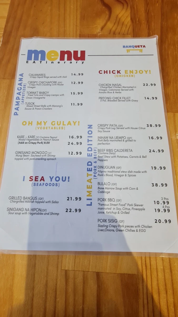 Menu, Banqueta