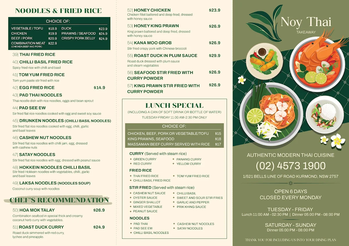 Menu, Noy Thai Takeaway