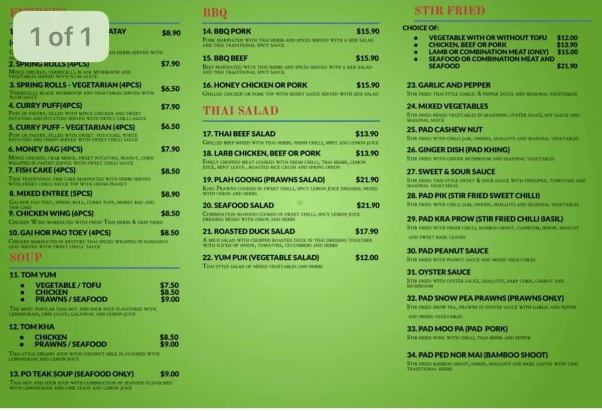 Menu, Noy Thai Takeaway