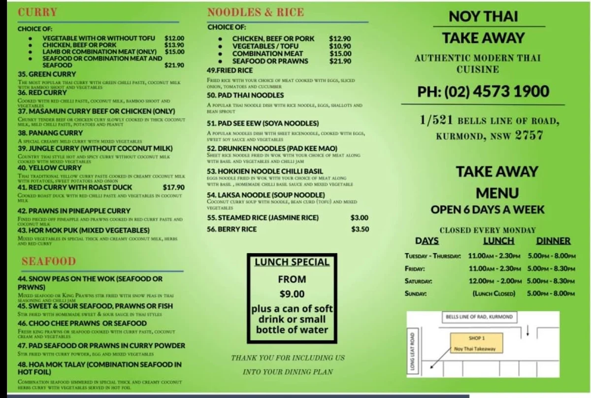 Menu, Noy Thai Takeaway