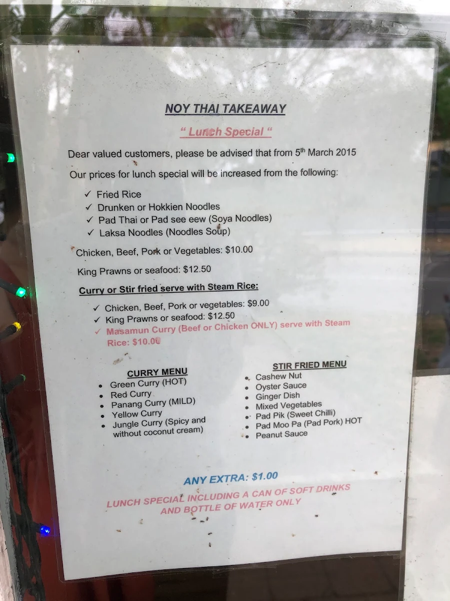 Menu, Noy Thai Takeaway