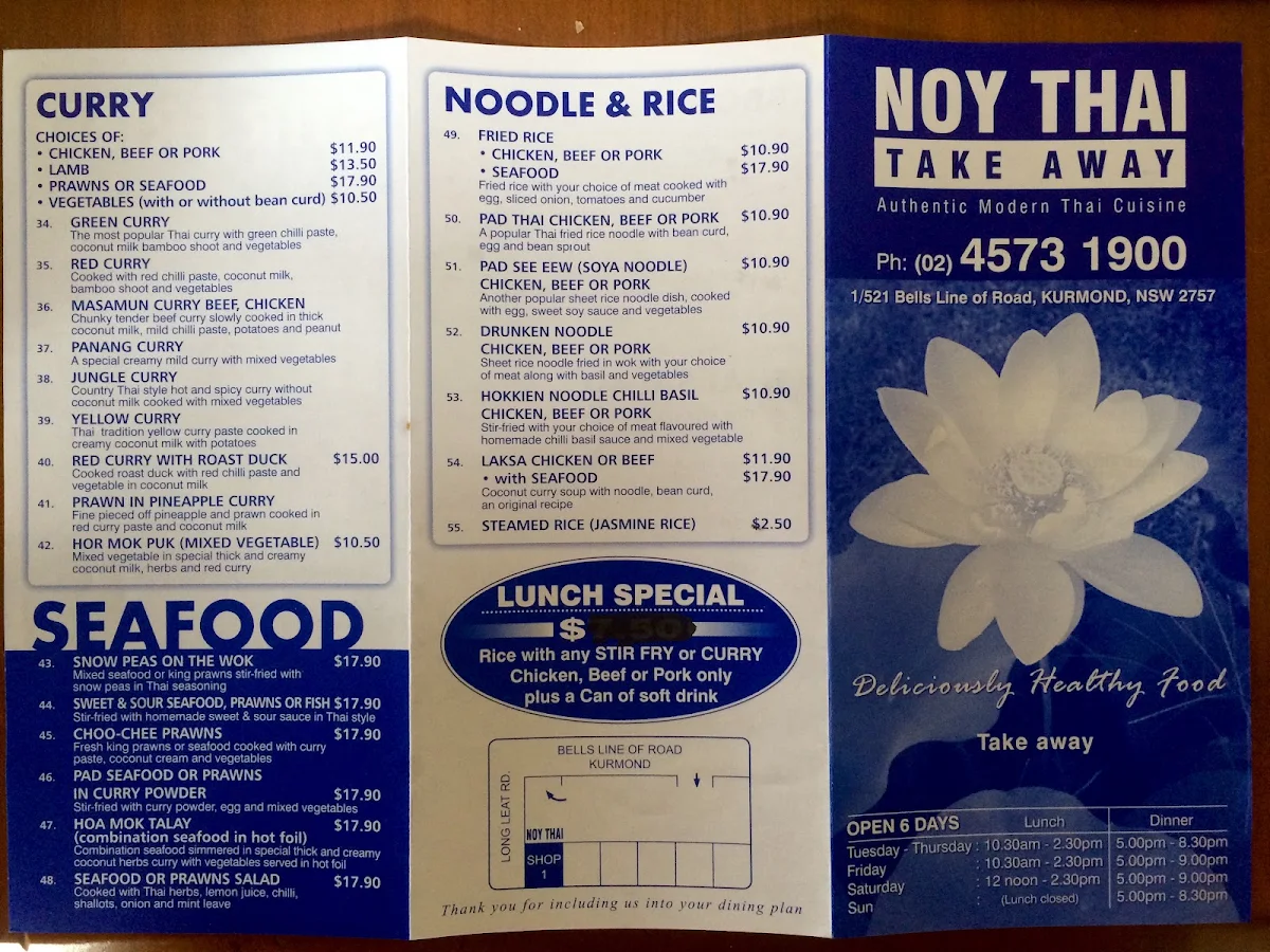 Menu, Noy Thai Takeaway