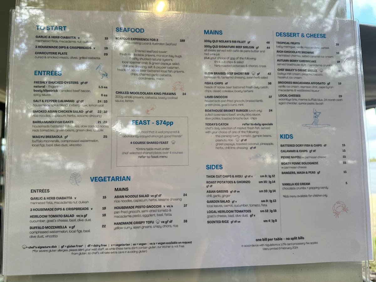 Menu, Noosa Boathouse