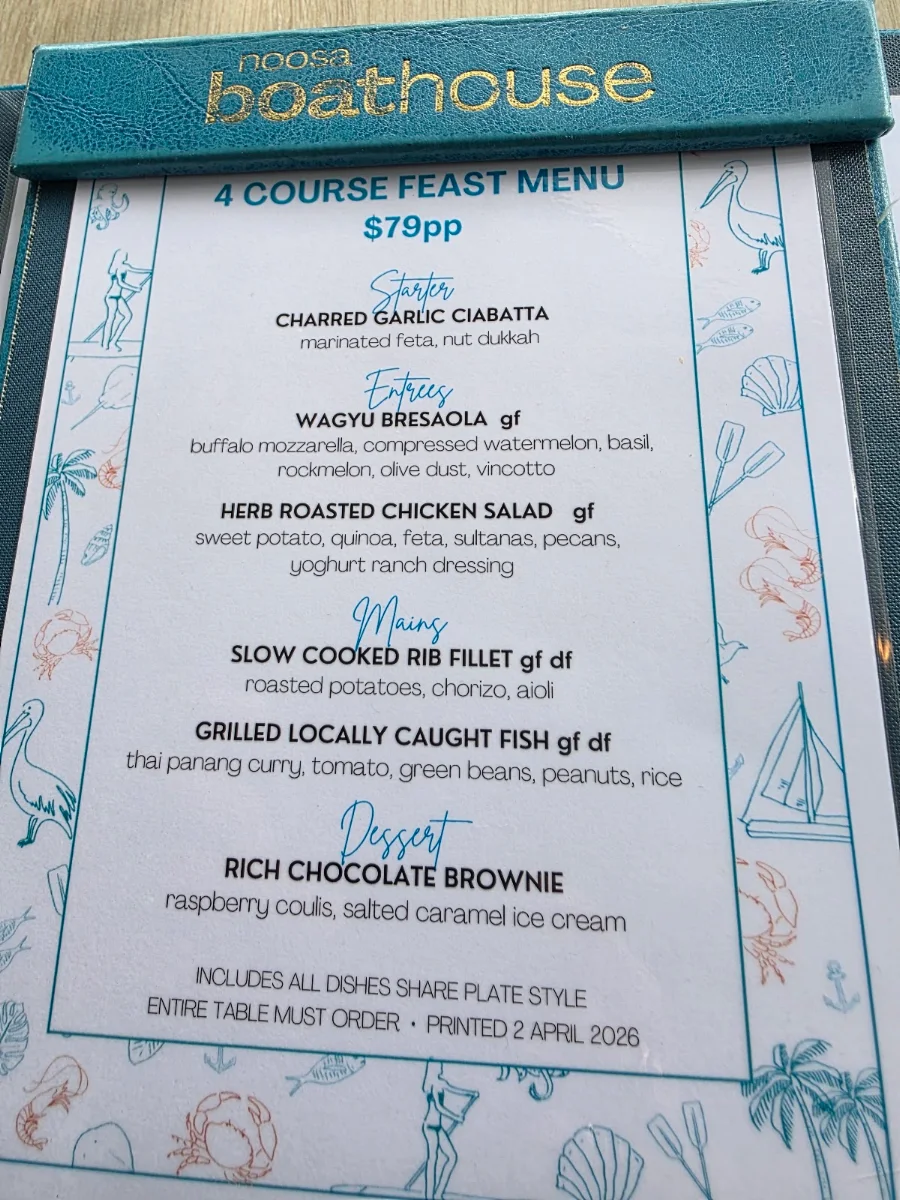 Menu, Noosa Boathouse