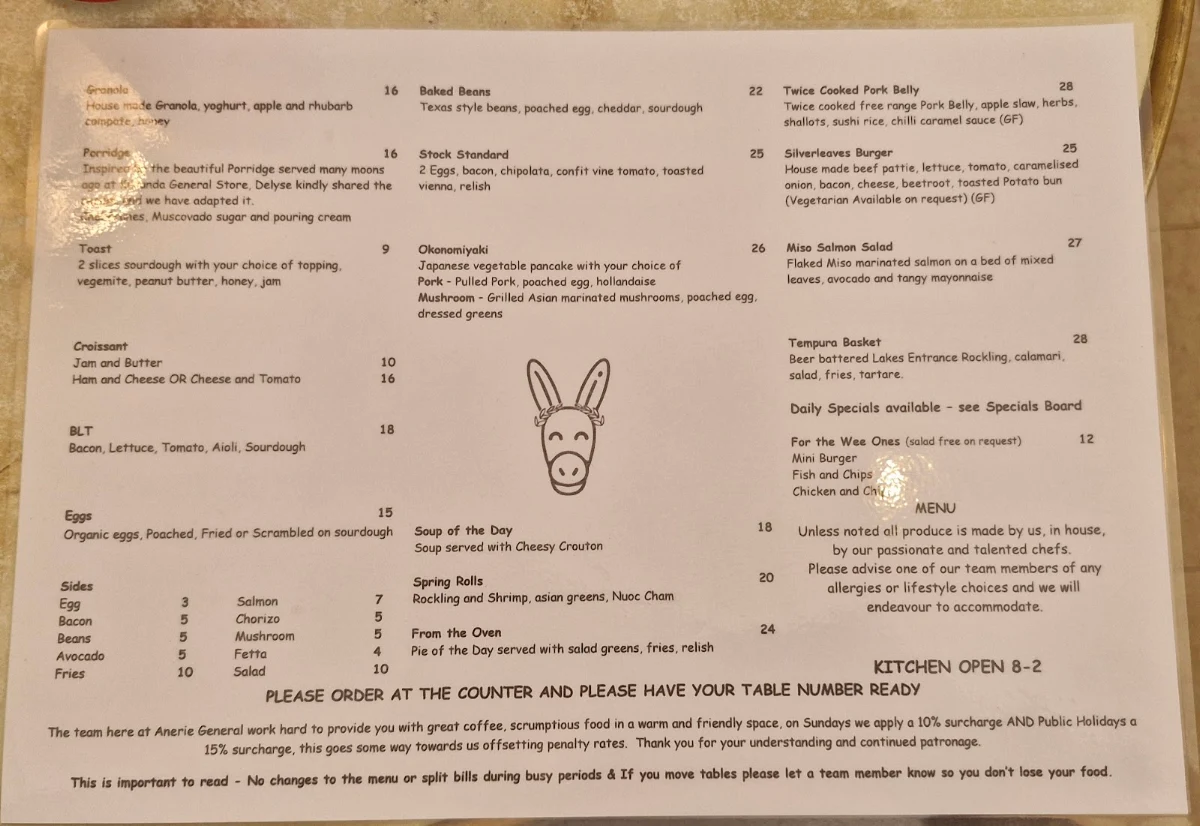 Menu, The Silverleaves Cafe and General Store
