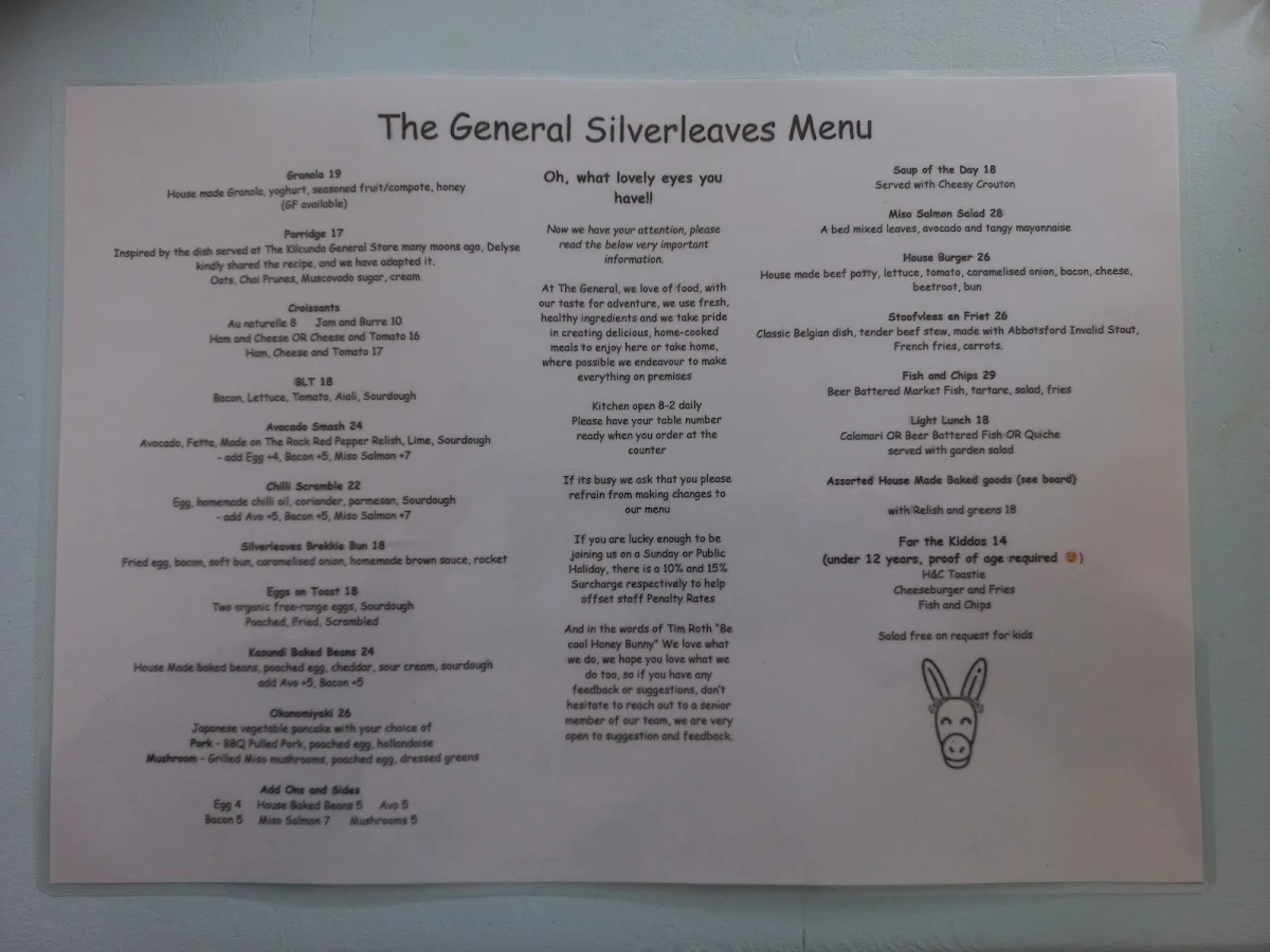 Menu, The Silverleaves Cafe and General Store