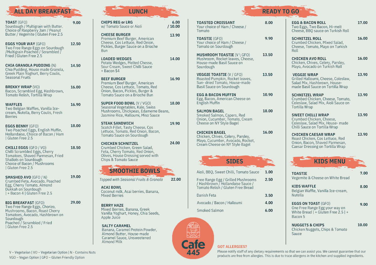 Menu, Cafe 445
