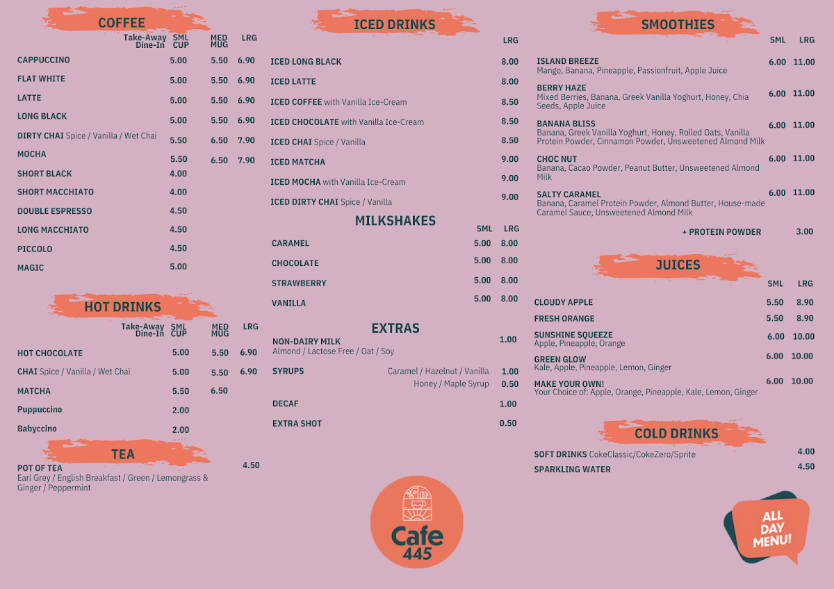 Menu, Cafe 445