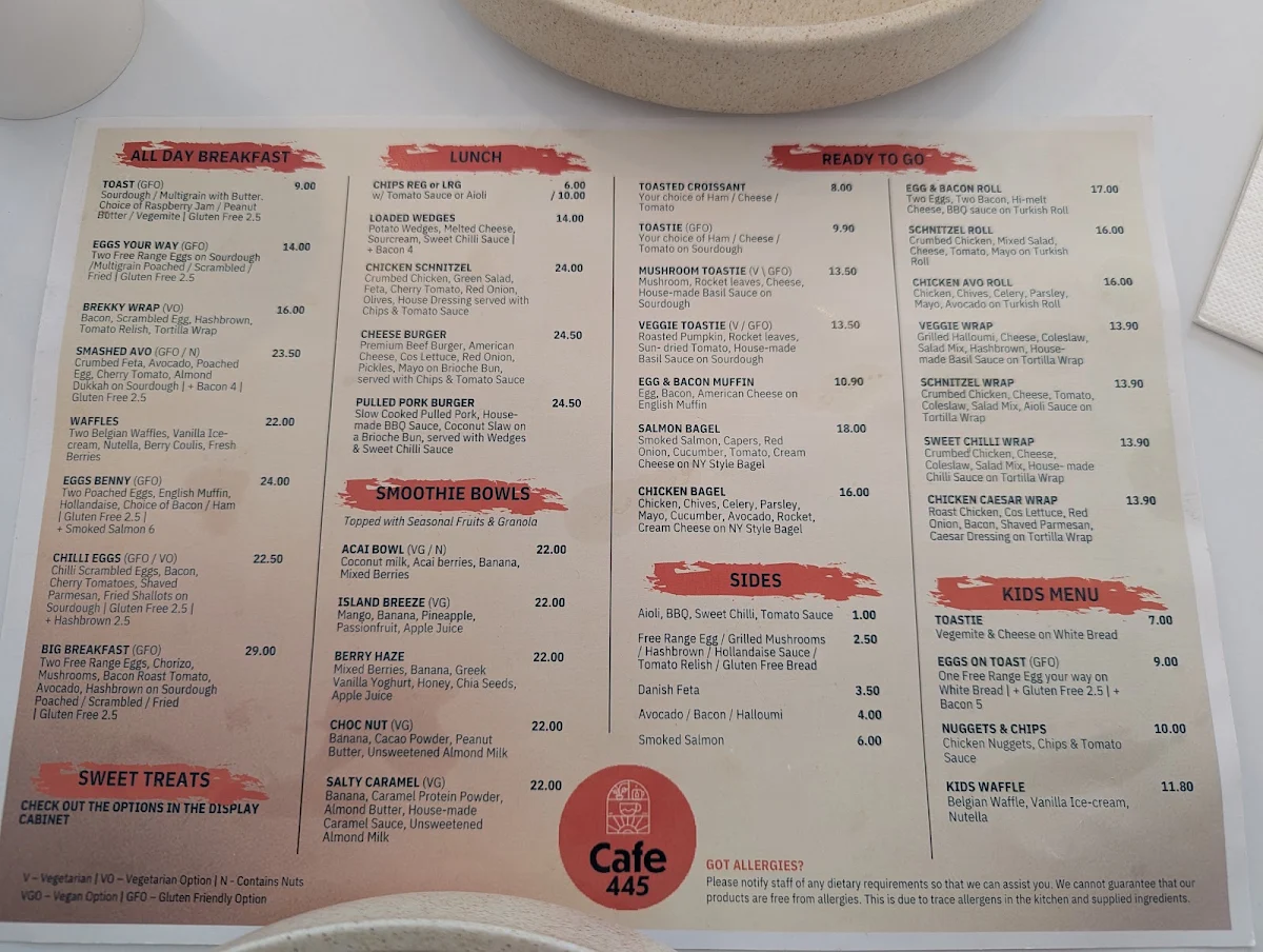 Menu, Cafe 445