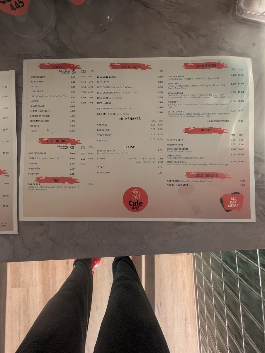 Menu, Cafe 445