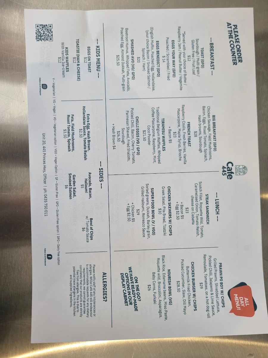 Menu, Cafe 445