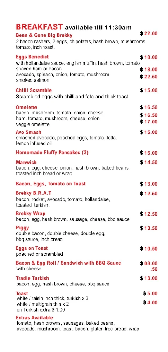 Menu, Bean & Gone Cafe