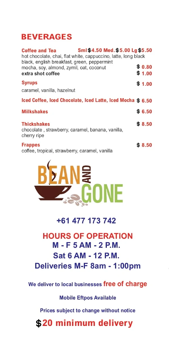 Menu, Bean & Gone Cafe