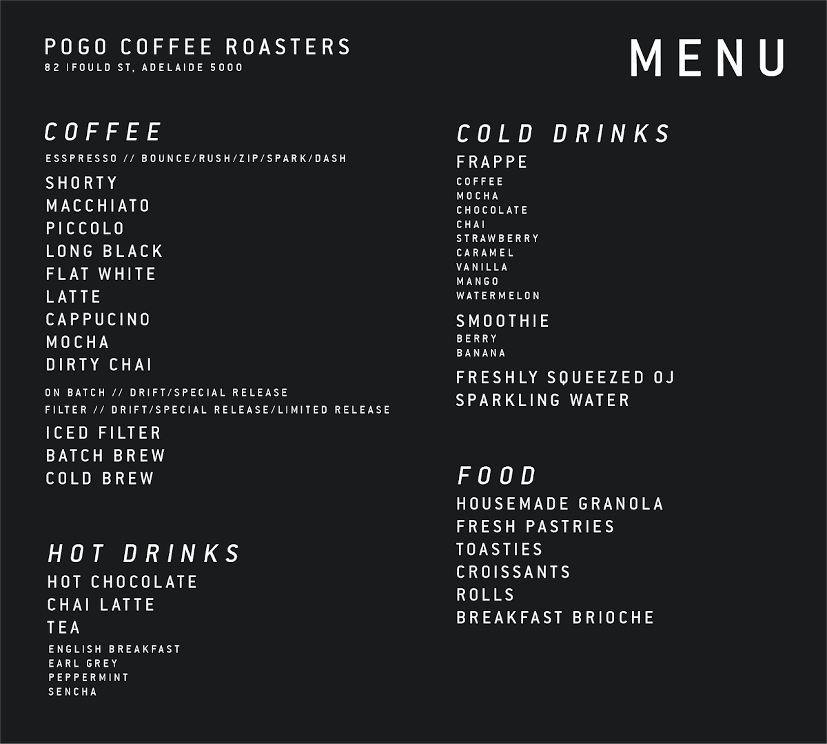 Menu, Pogo Coffee Roasters
