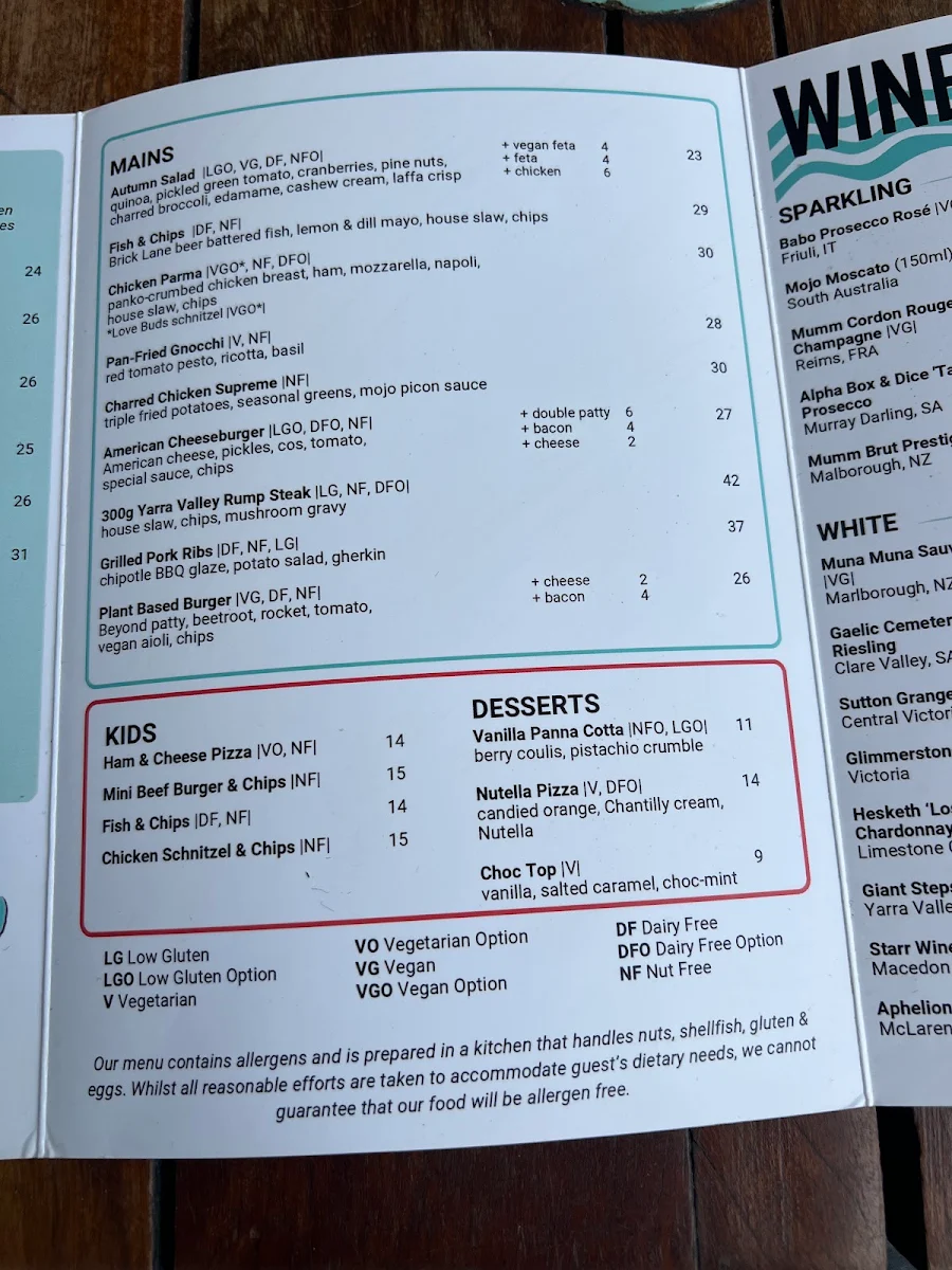Menu, Riverland Bar