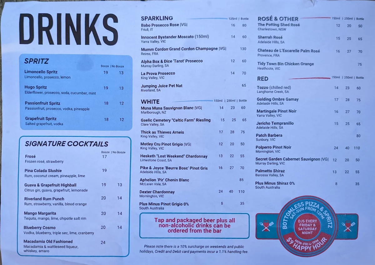 Menu, Riverland Bar