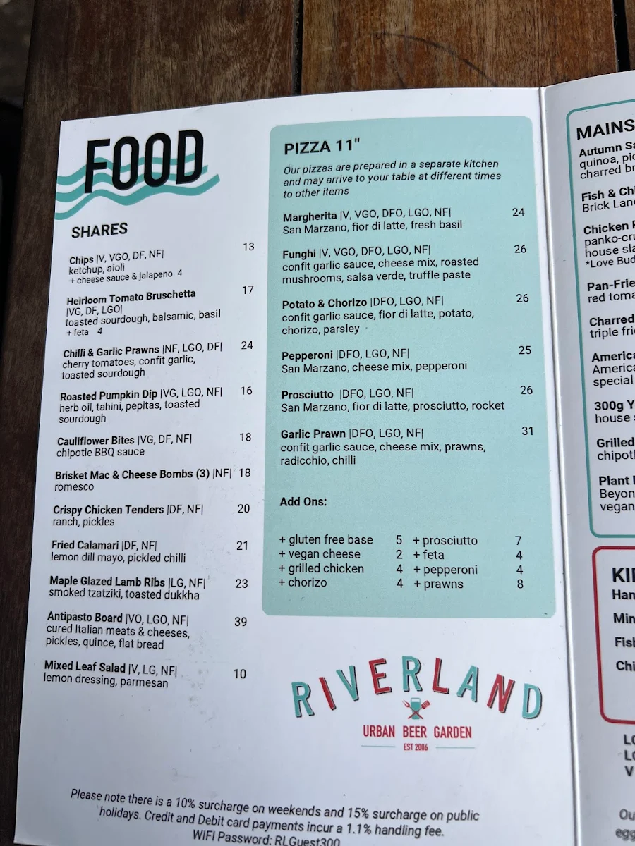 Menu, Riverland Bar