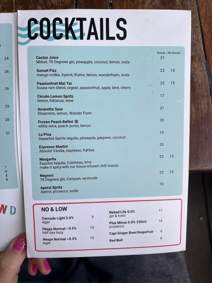 Menu, Riverland Bar