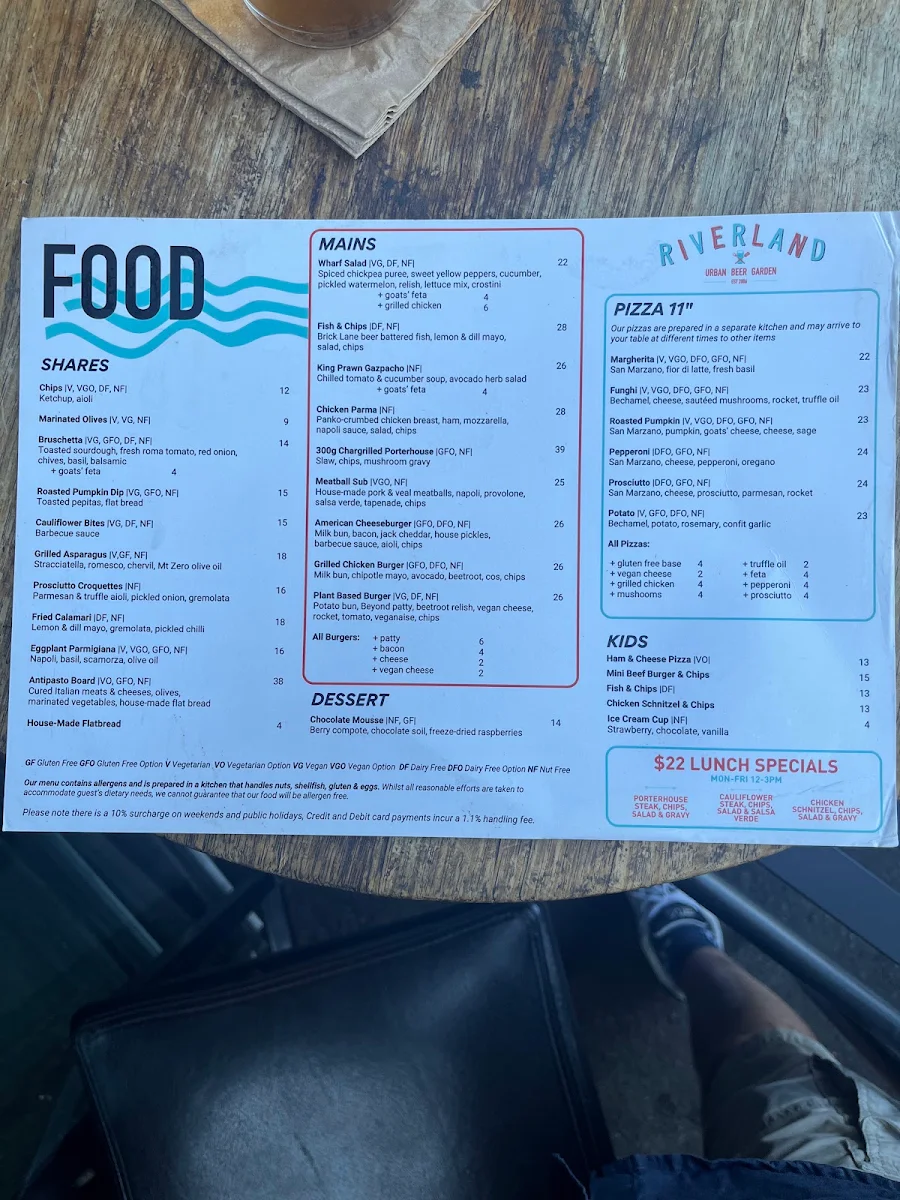 Menu, Riverland Bar