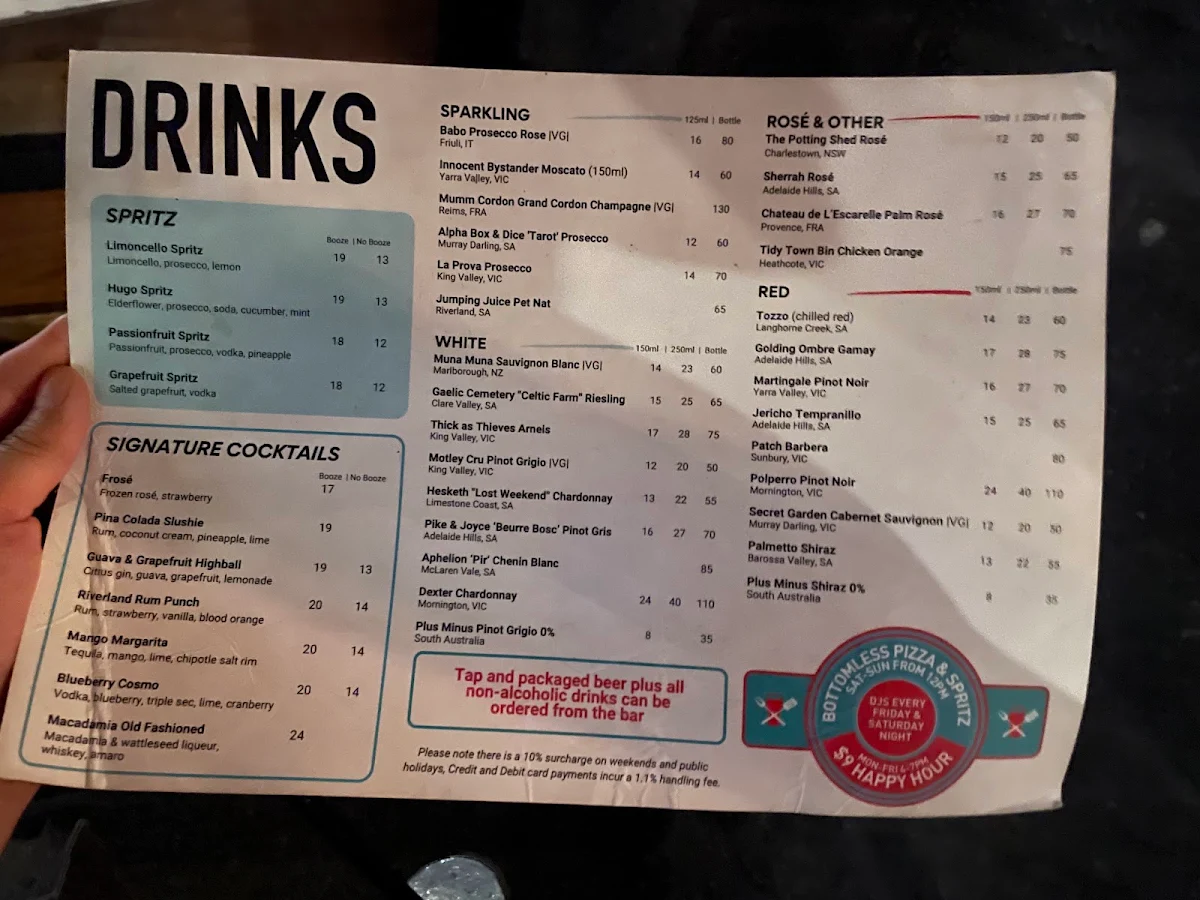 Menu, Riverland Bar
