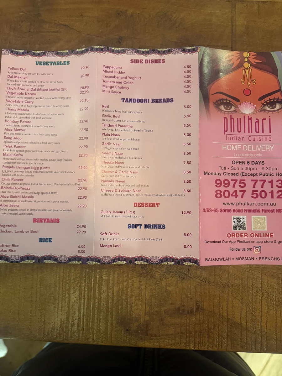 Menu, Phulkari Indian Cuisine (Frenchs Forest)