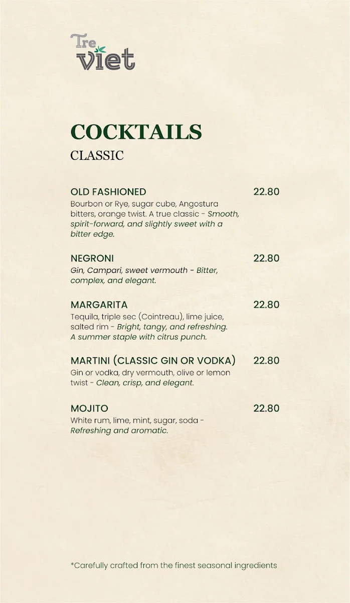 Menu, Tre Viet Restaurant