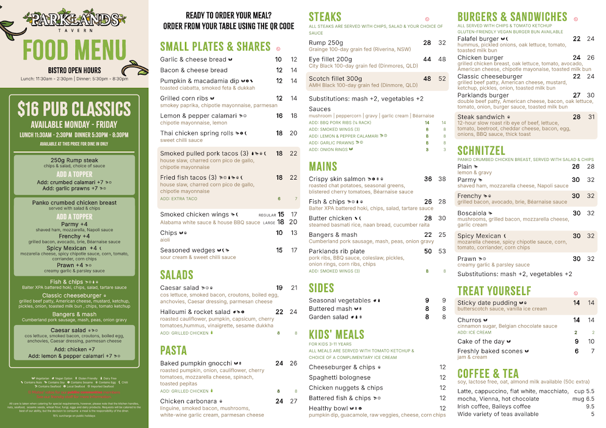 Menu, Parklands Tavern