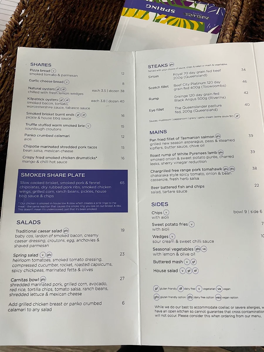 Menu, Parklands Tavern