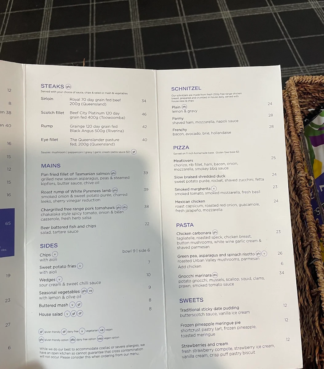 Menu, Parklands Tavern