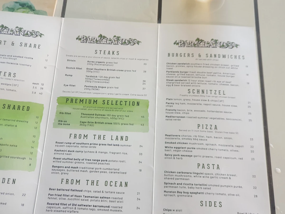 Menu, Parklands Tavern