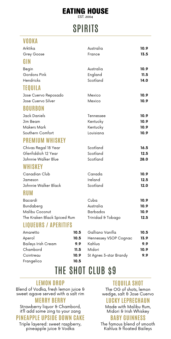 Menu, Eating House