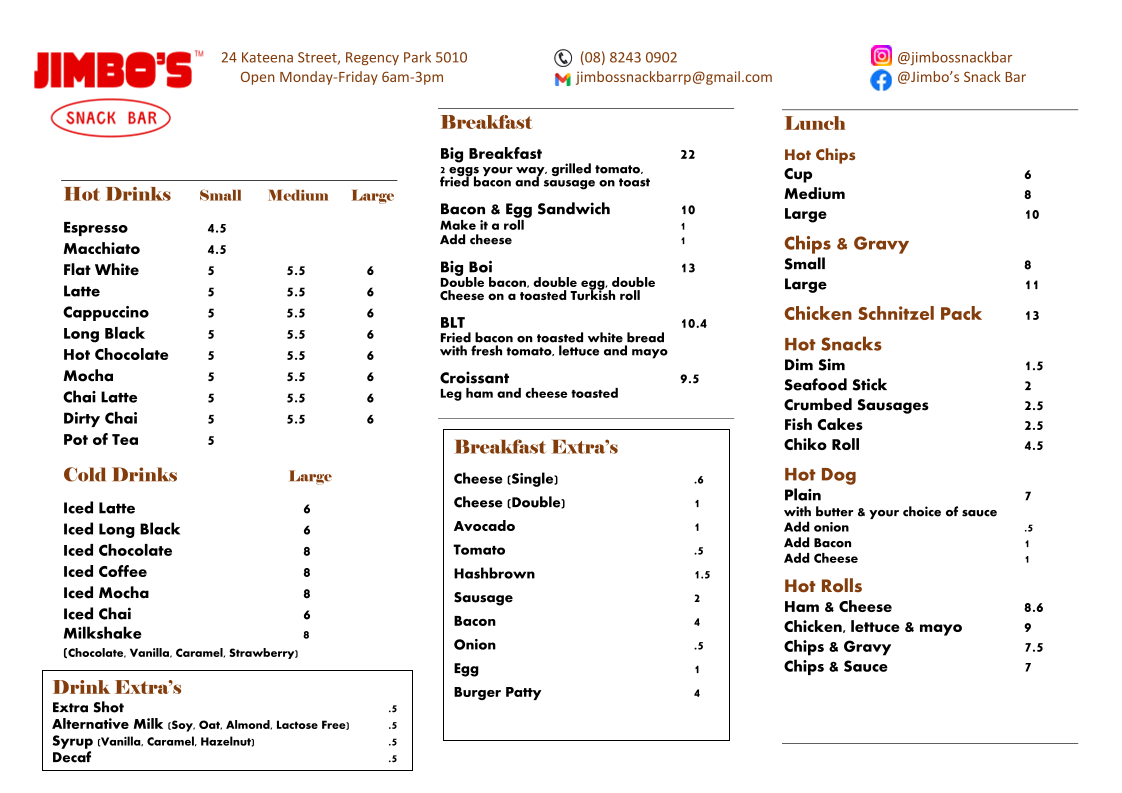 Menu, Jimbo's Snack Bar