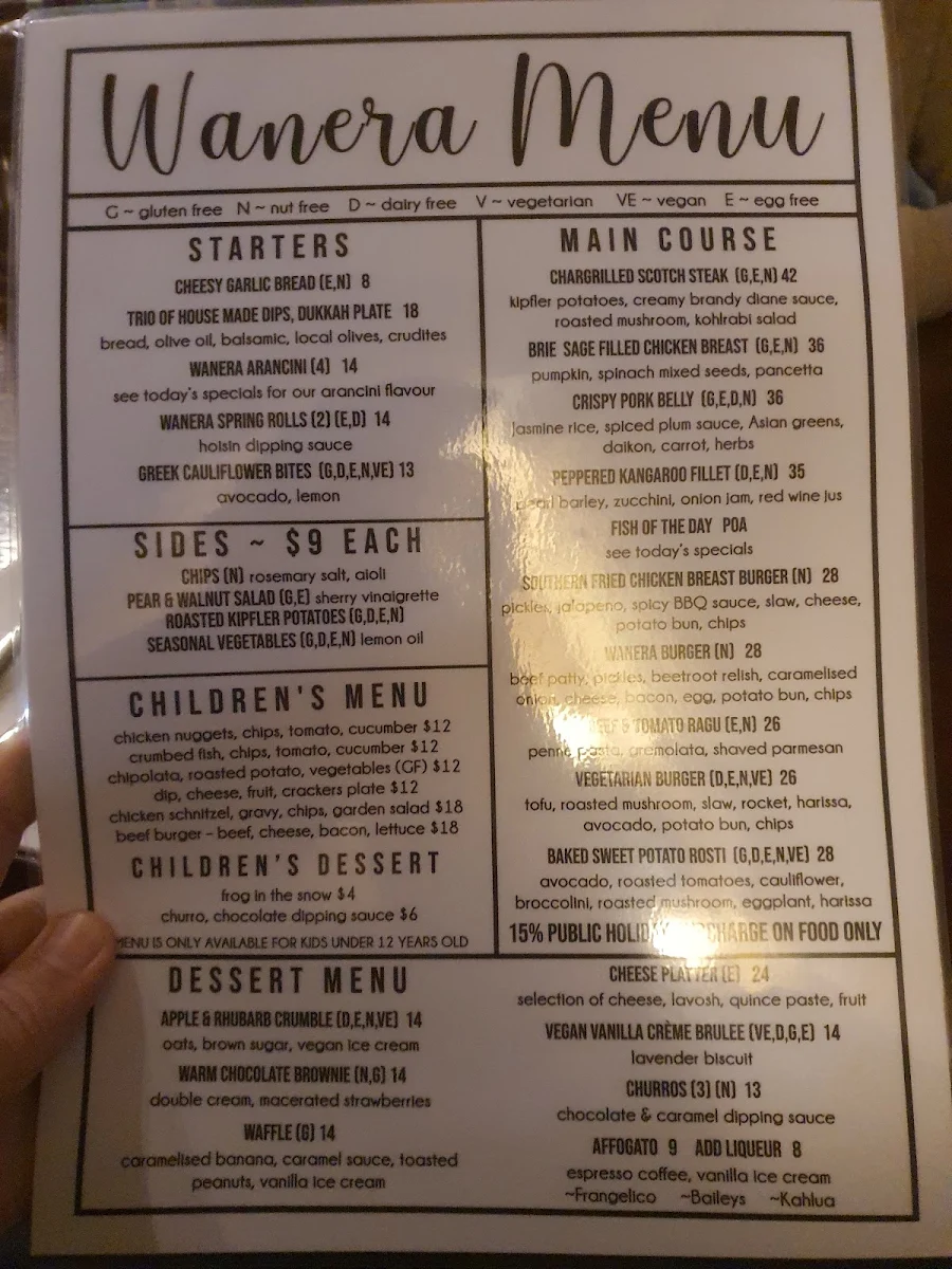 Menu, Wanera Wine Bar