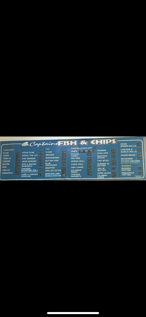 Menu, Captains Fish & Chips