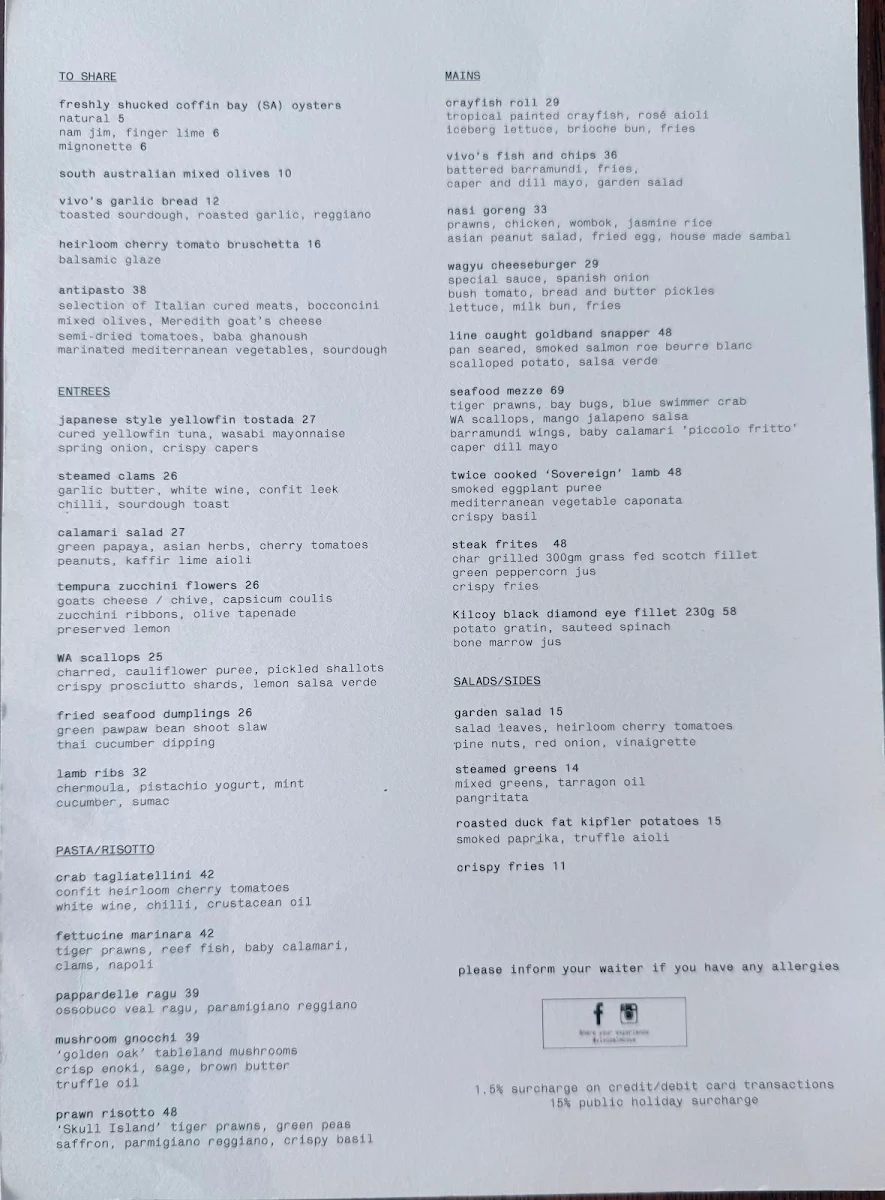 Menu, Vivo Palm Cove