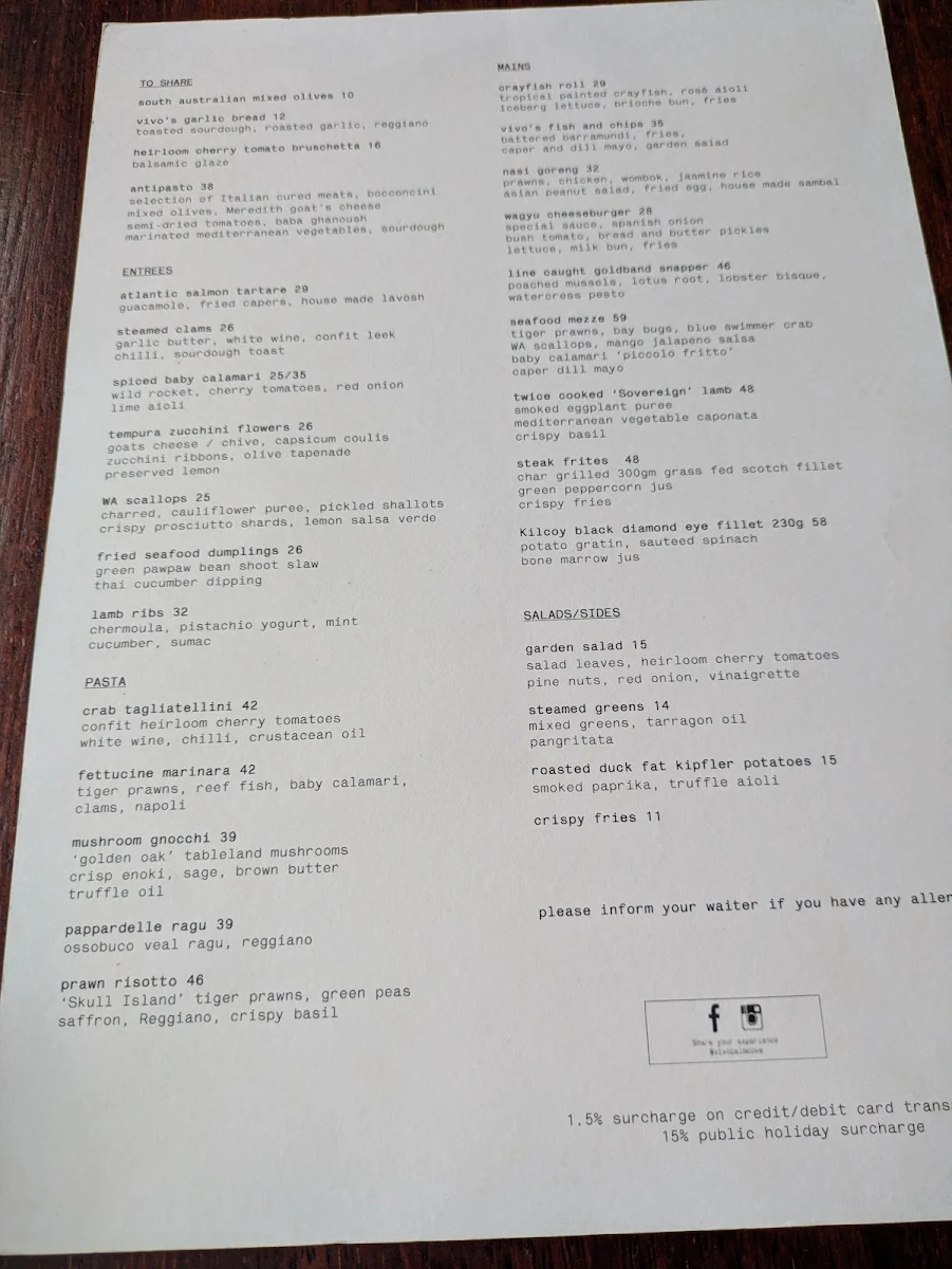 Menu, Vivo Palm Cove