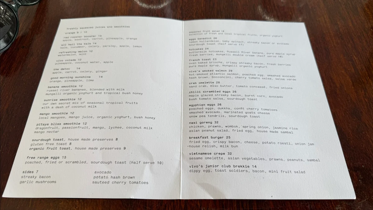 Menu, Vivo Palm Cove