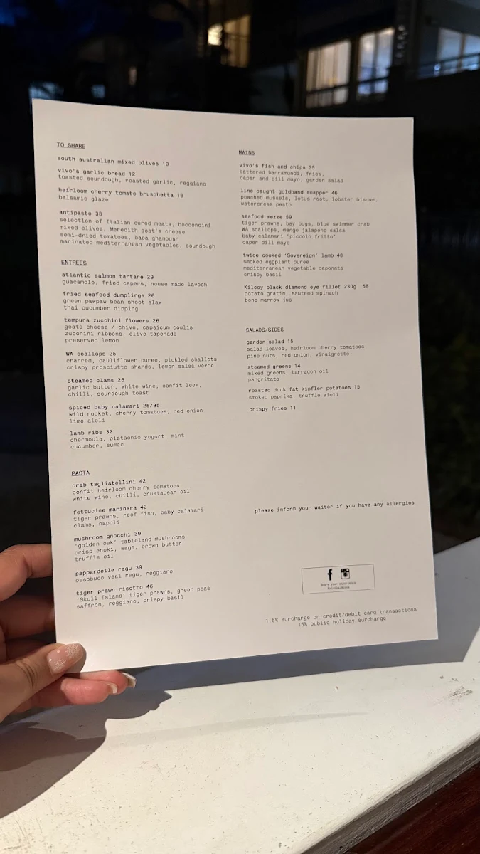 Menu, Vivo Palm Cove